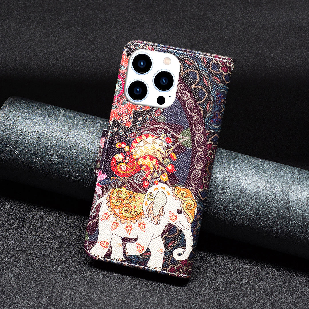 PU Leather Stand Wallet Case for iPhone 15 Pro , Pattern Printing Full Protection Phone Cover - Flower and Elephant