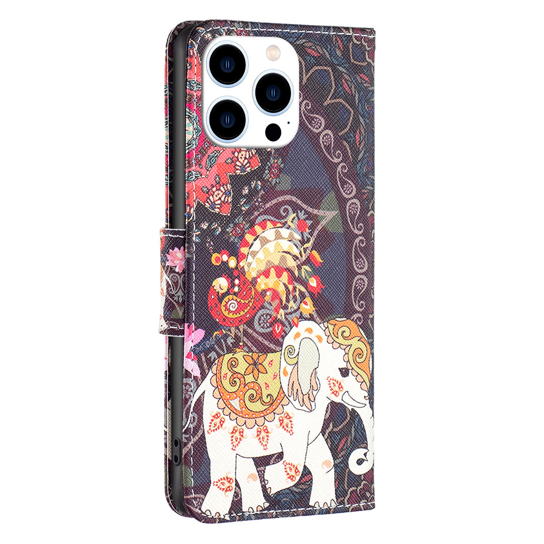 PU Leather Stand Wallet Case for iPhone 15 Pro , Pattern Printing Full Protection Phone Cover - Flower and Elephant