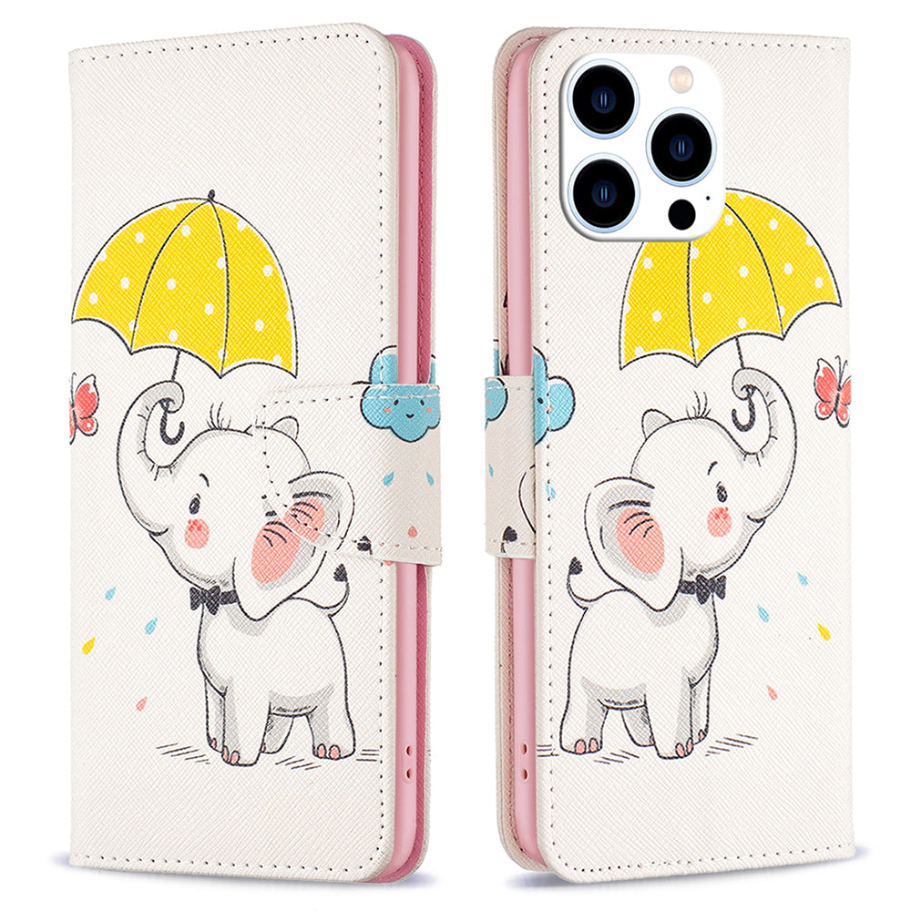 PU Leather Stand Wallet Case for iPhone 15 Pro , Pattern Printing Full Protection Phone Cover - Umbrella and Elephant