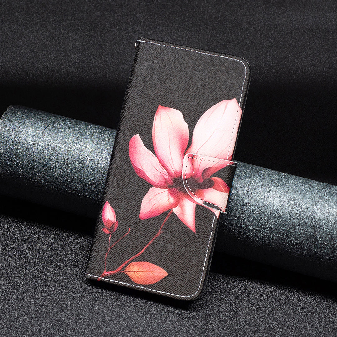 Pattern Printing Leather Case for iPhone 15 Pro Max , Stand Wallet Anti-drop Phone Cover - Pink Flower
