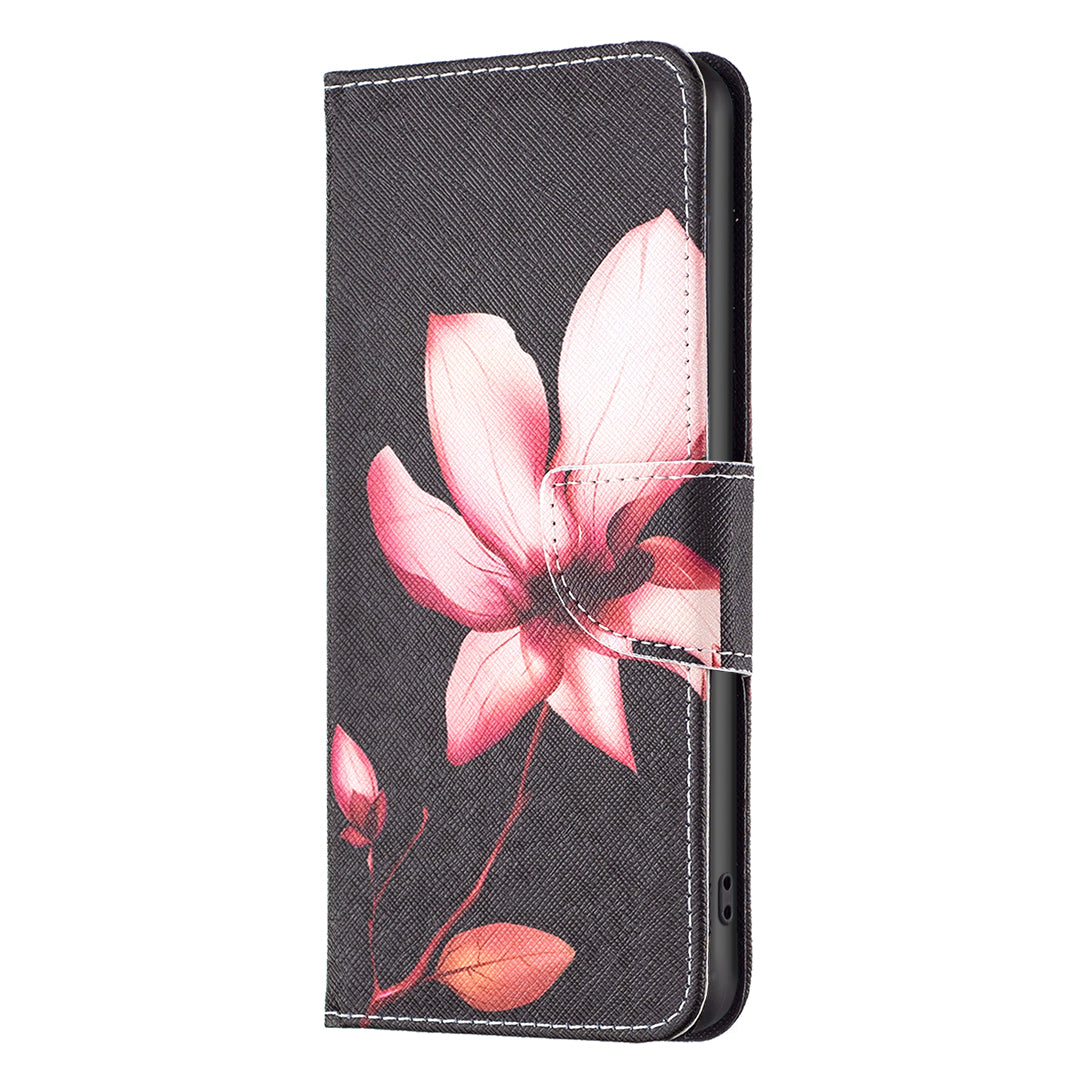 Pattern Printing Leather Case for iPhone 15 Pro Max , Stand Wallet Anti-drop Phone Cover - Pink Flower