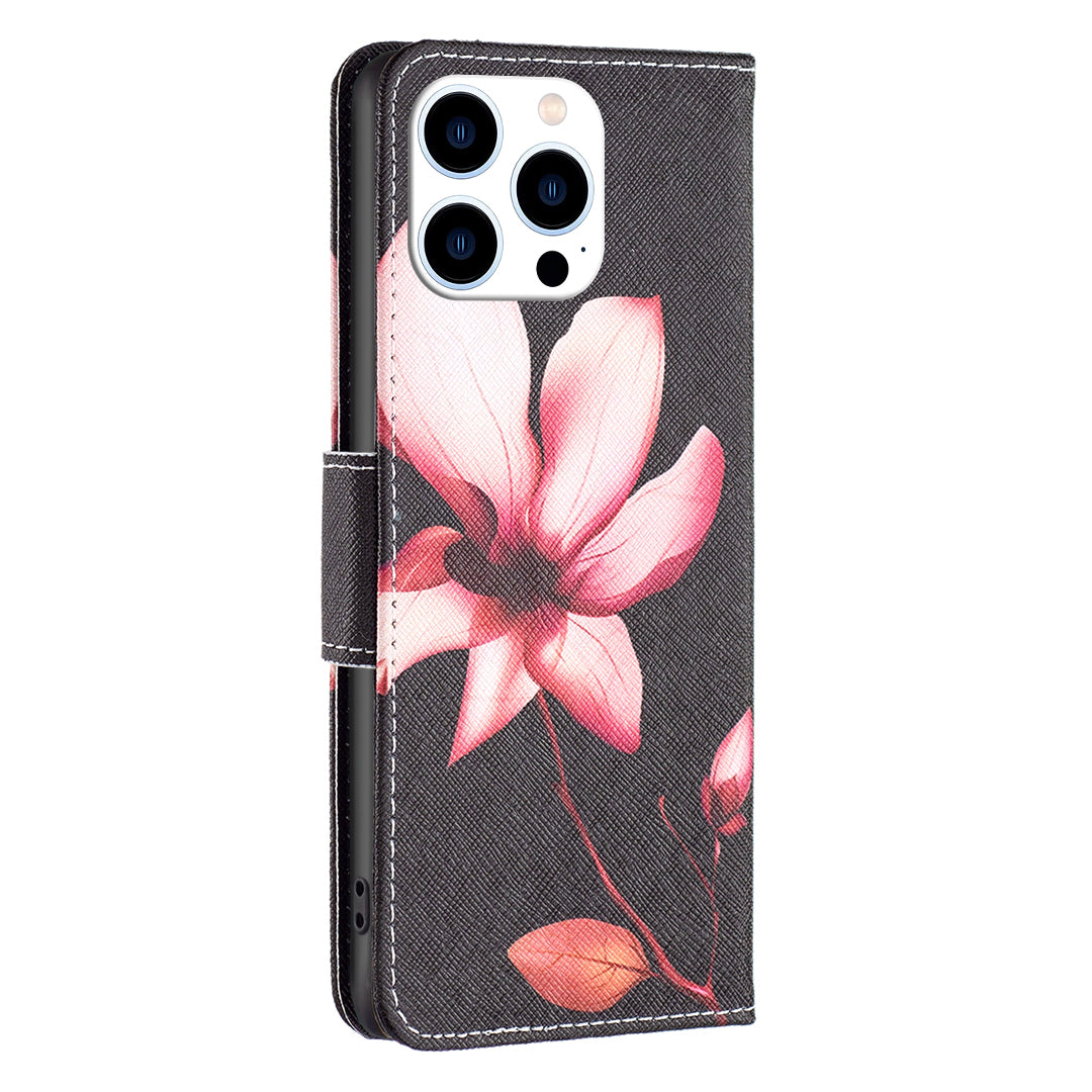 Pattern Printing Leather Case for iPhone 15 Pro Max , Stand Wallet Anti-drop Phone Cover - Pink Flower