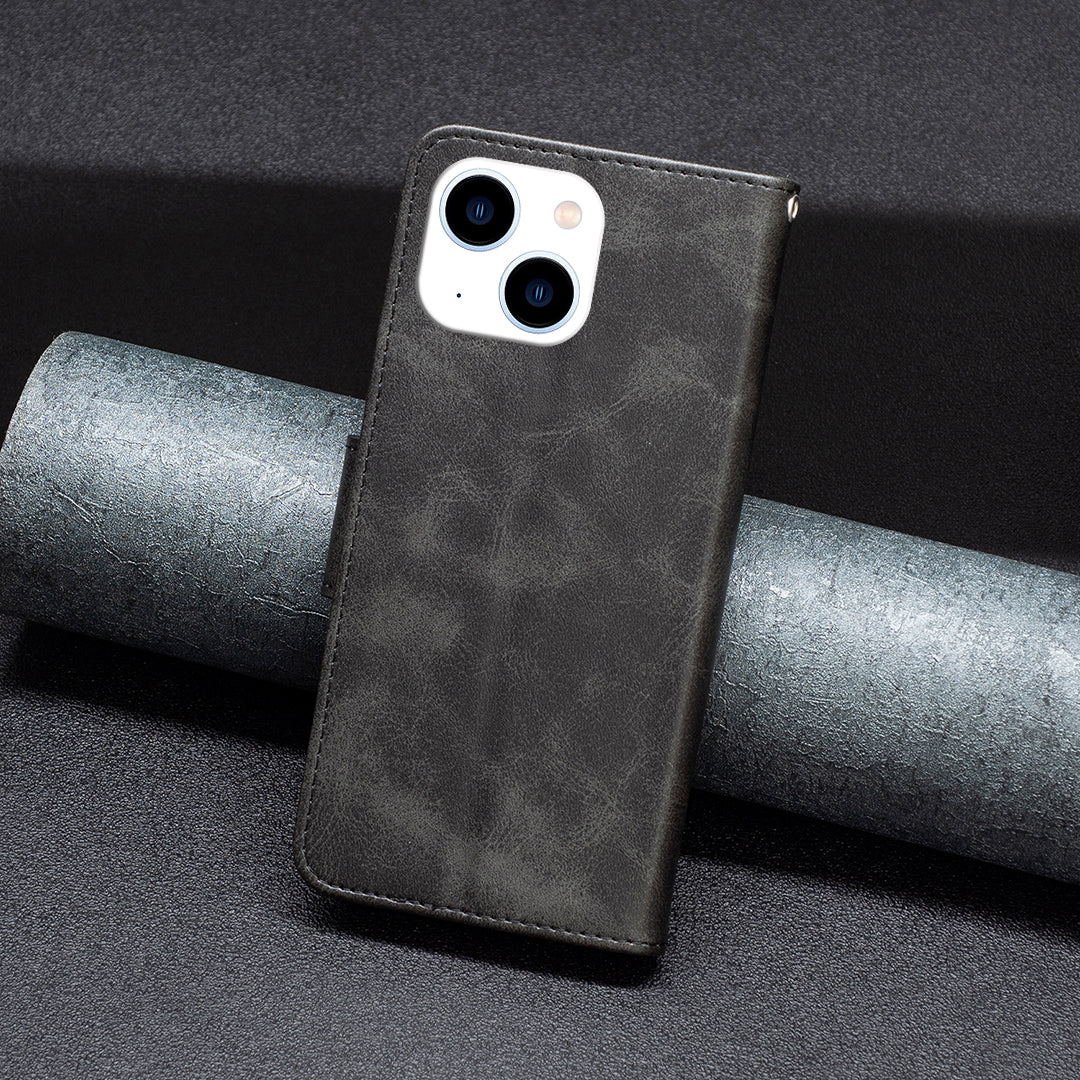 Uniqkart for iPhone 15 Phone Stand Cover Solid Color Fine Textured PU Leather Wallet Anti-Scratch Phone Case - Black