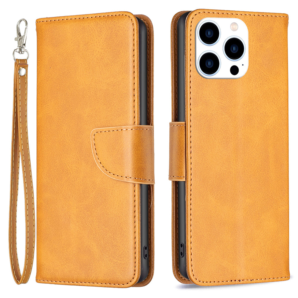 Uniqkart for iPhone 15 Pro Solid Color Phone Stand Case Shockproof Fine Textured PU Leather Wallet Cover - Yellow