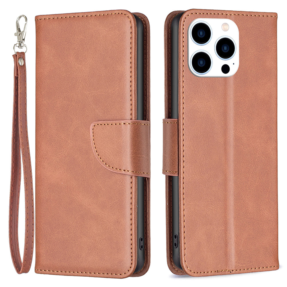 Uniqkart for iPhone 15 Pro Solid Color Phone Stand Case Shockproof Fine Textured PU Leather Wallet Cover - Brown