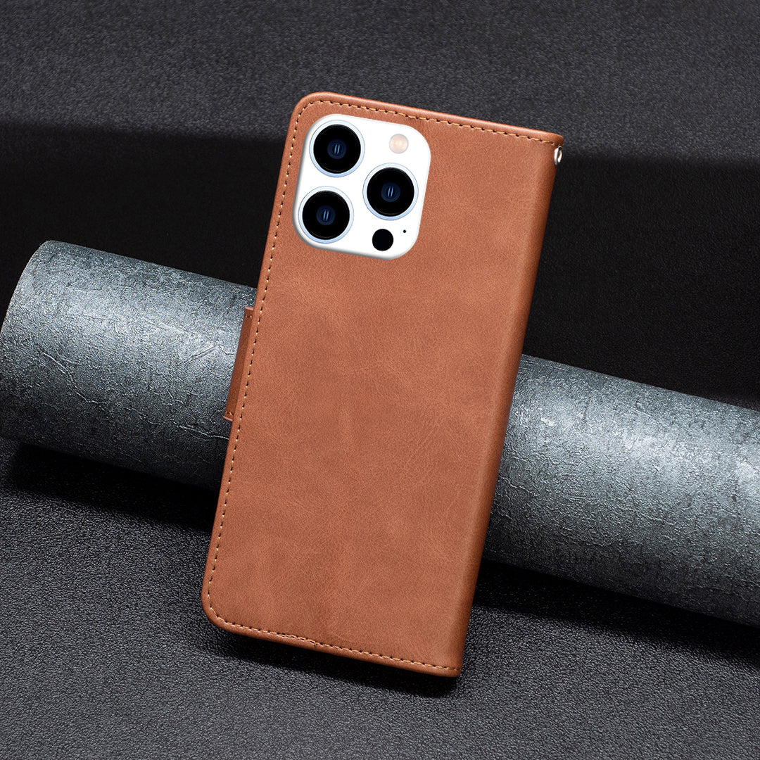 Uniqkart for iPhone 15 Pro Solid Color Phone Stand Case Shockproof Fine Textured PU Leather Wallet Cover - Brown