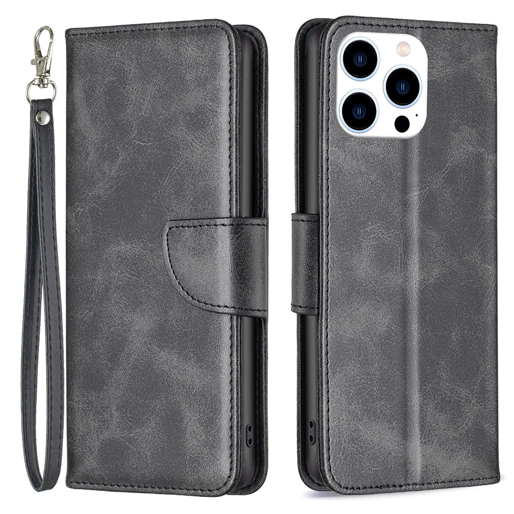 Uniqkart for iPhone 15 Pro Solid Color Phone Stand Case Shockproof Fine Textured PU Leather Wallet Cover - Black
