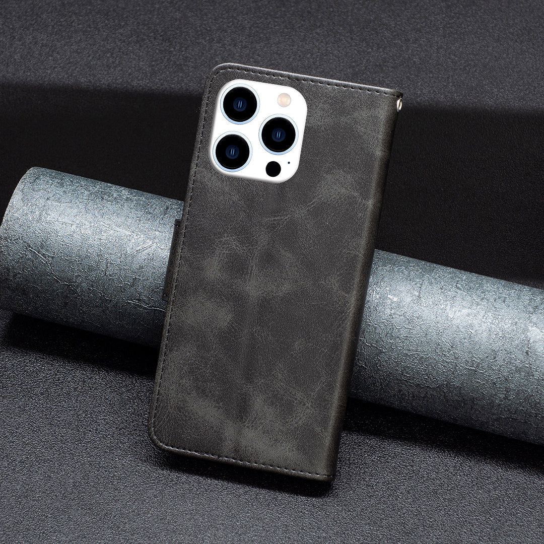 Uniqkart for iPhone 15 Pro Solid Color Phone Stand Case Shockproof Fine Textured PU Leather Wallet Cover - Black