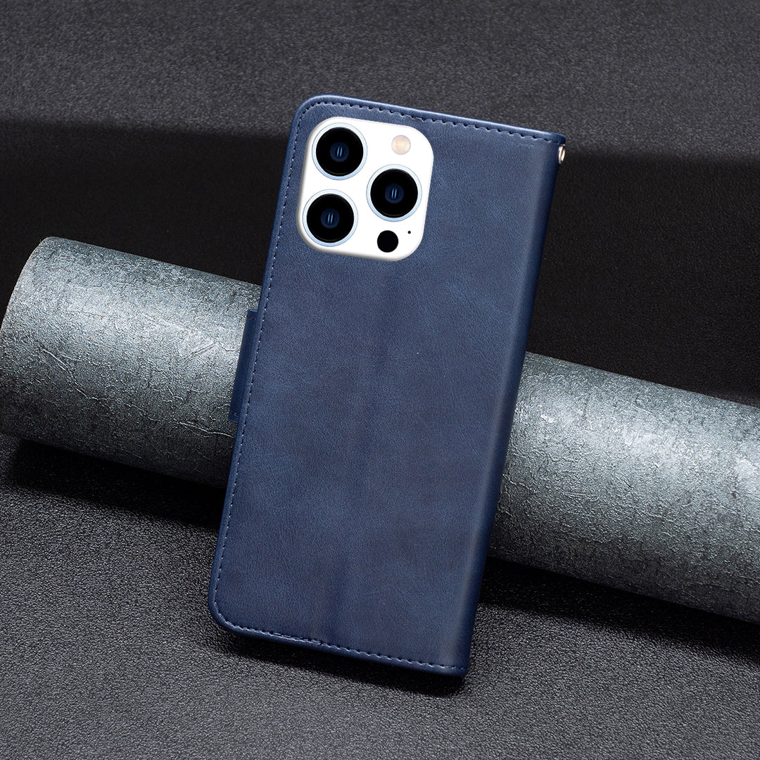 Uniqkart for iPhone 15 Pro Solid Color Phone Stand Case Shockproof Fine Textured PU Leather Wallet Cover - Blue