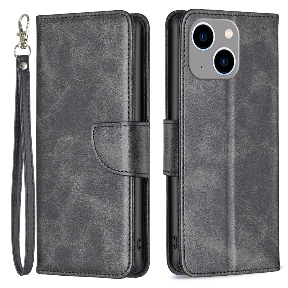 Mobile Phone Stand Case for iPhone 15 Plus , Fine Textured Solid Color PU Leather Wallet Cover Shell - Black