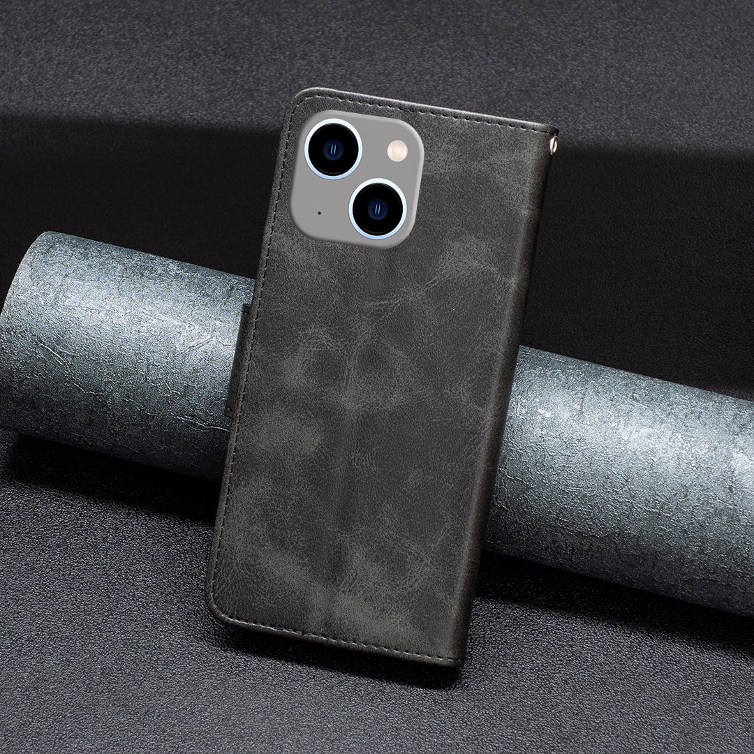 Mobile Phone Stand Case for iPhone 15 Plus , Fine Textured Solid Color PU Leather Wallet Cover Shell - Black