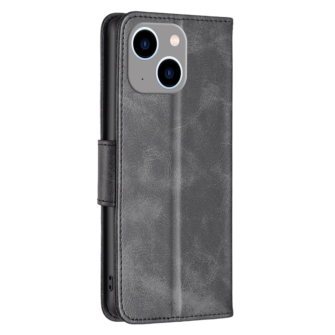 Mobile Phone Stand Case for iPhone 15 Plus , Fine Textured Solid Color PU Leather Wallet Cover Shell - Black