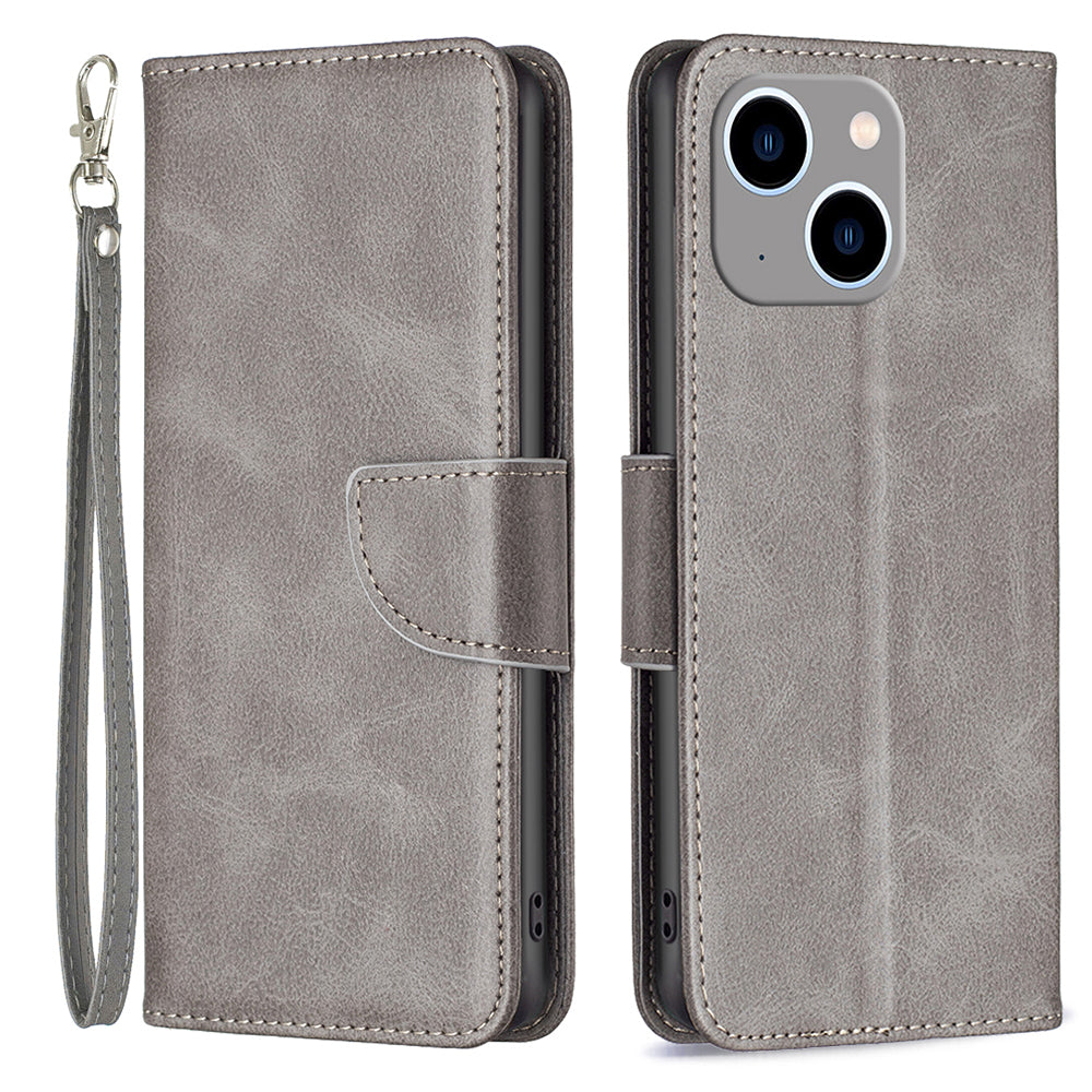 Mobile Phone Stand Case for iPhone 15 Plus , Fine Textured Solid Color PU Leather Wallet Cover Shell - Grey
