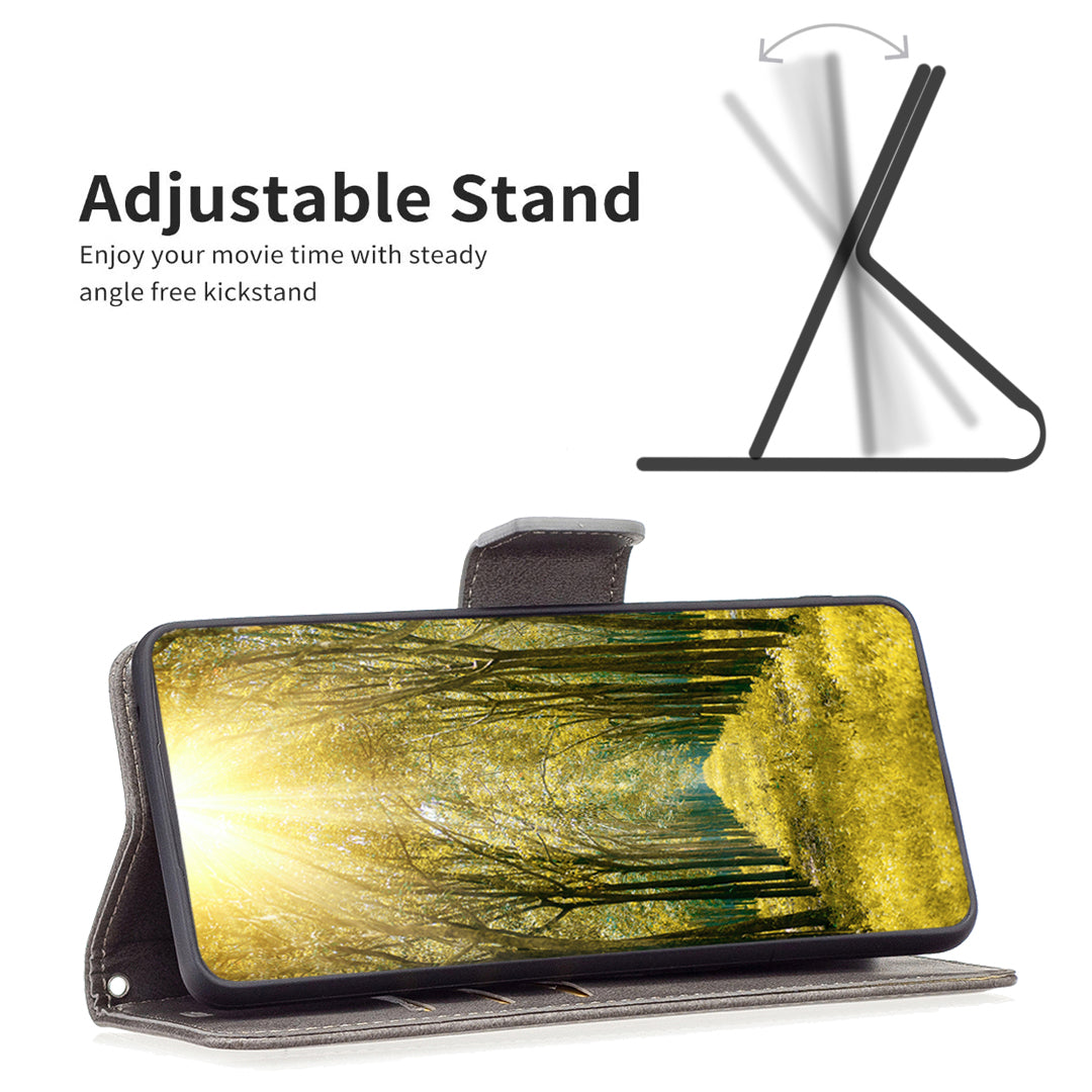 Mobile Phone Stand Case for iPhone 15 Plus , Fine Textured Solid Color PU Leather Wallet Cover Shell - Grey