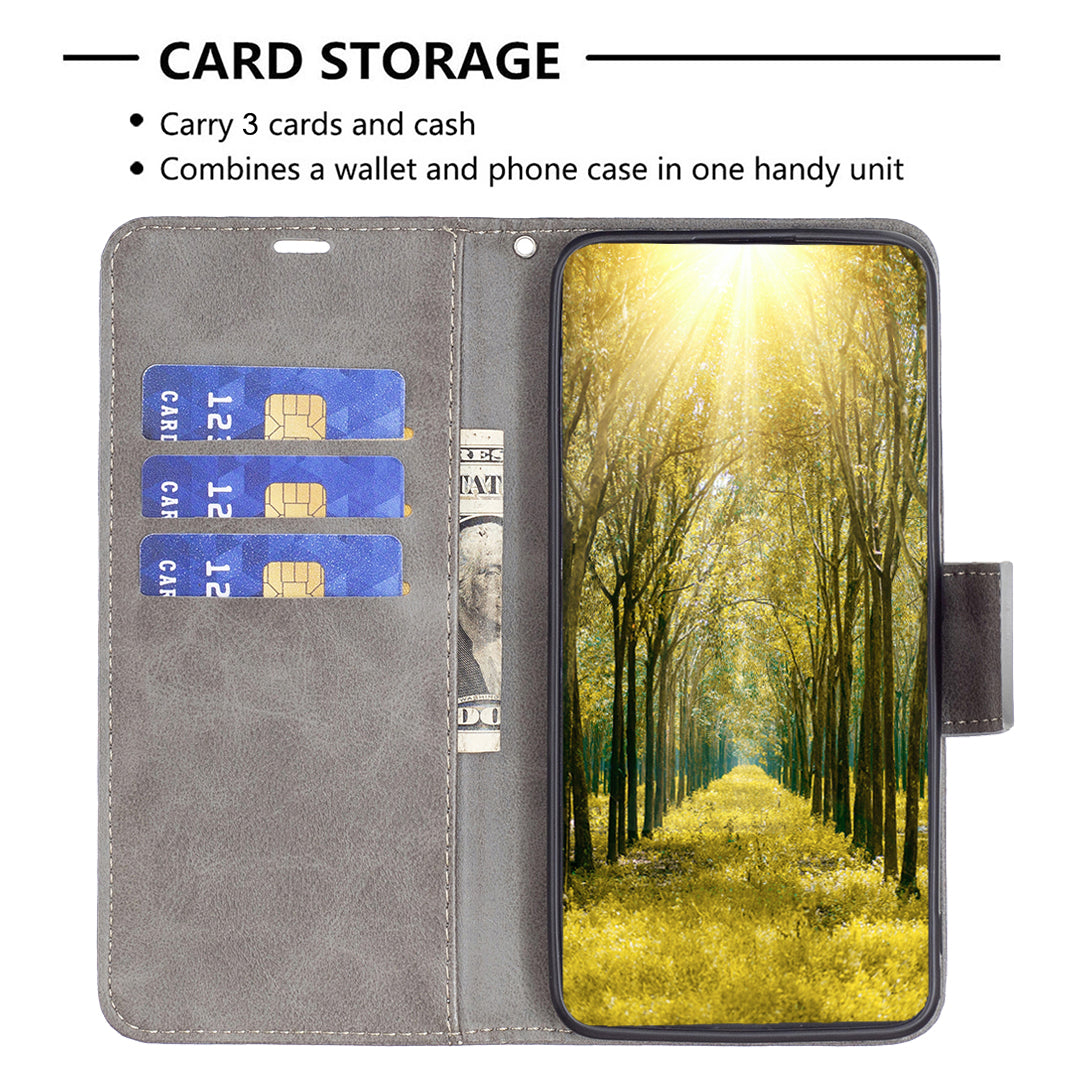 Mobile Phone Stand Case for iPhone 15 Plus , Fine Textured Solid Color PU Leather Wallet Cover Shell - Grey