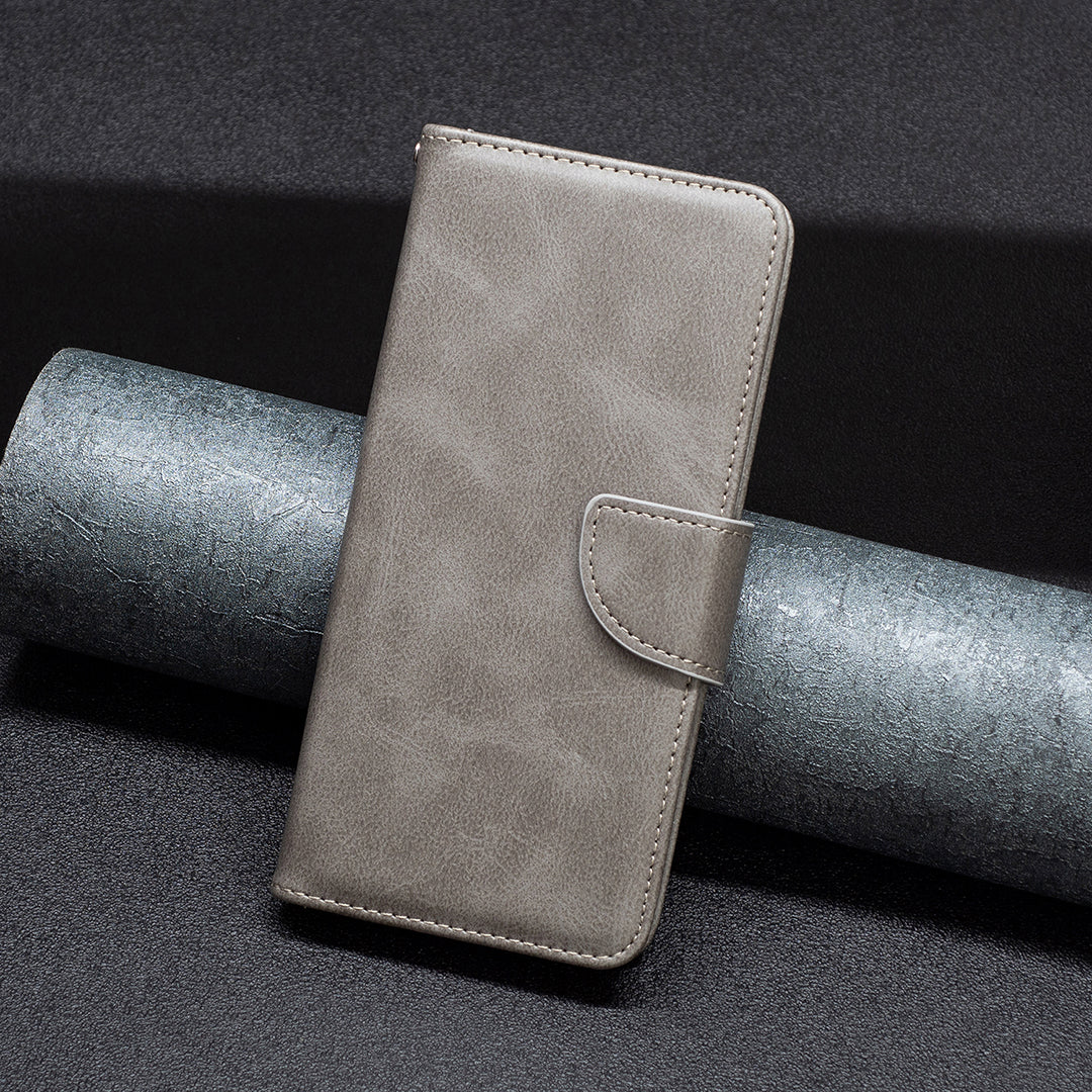 Mobile Phone Stand Case for iPhone 15 Plus , Fine Textured Solid Color PU Leather Wallet Cover Shell - Grey