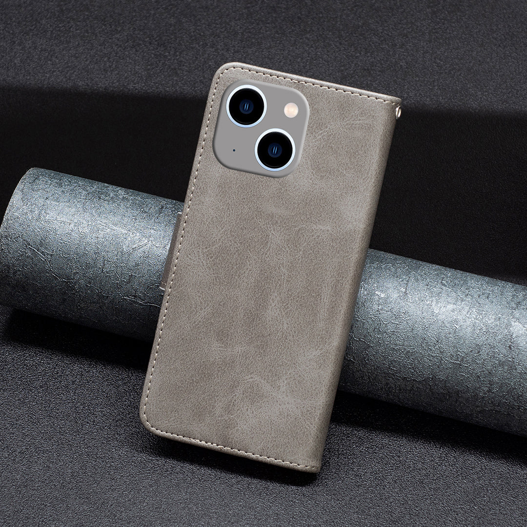 Mobile Phone Stand Case for iPhone 15 Plus , Fine Textured Solid Color PU Leather Wallet Cover Shell - Grey