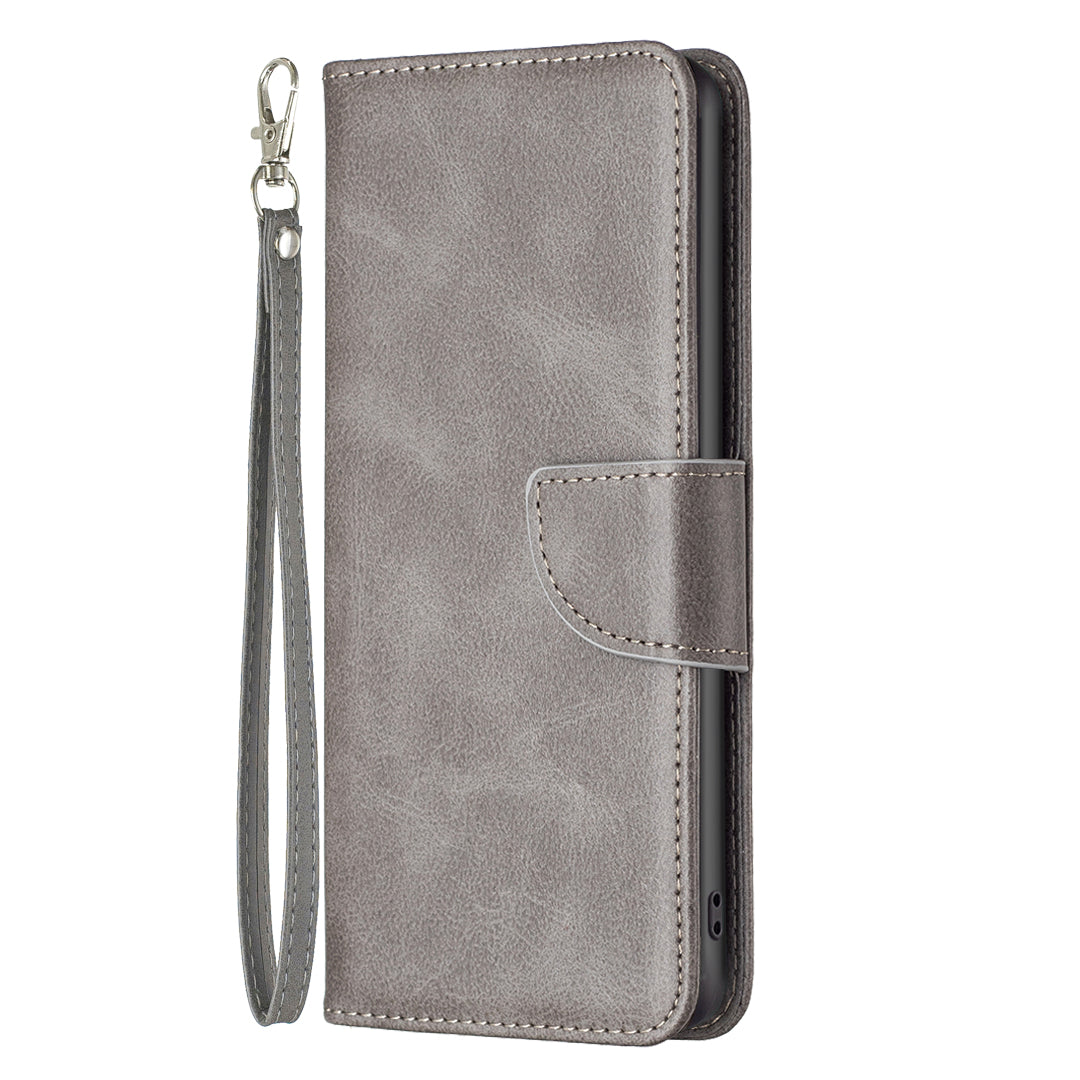 Mobile Phone Stand Case for iPhone 15 Plus , Fine Textured Solid Color PU Leather Wallet Cover Shell - Grey