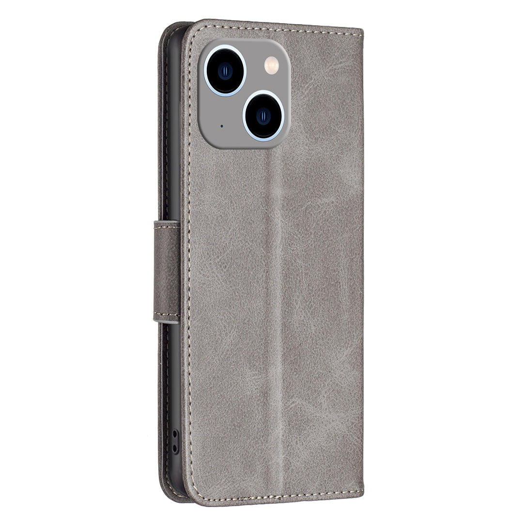 Mobile Phone Stand Case for iPhone 15 Plus , Fine Textured Solid Color PU Leather Wallet Cover Shell - Grey