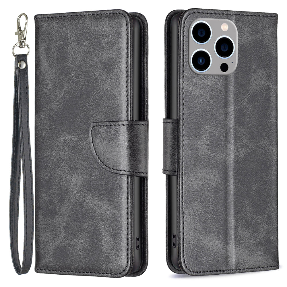 Cell Phone Case for iPhone 15 Pro Max , Stand Phone Shell Solid Color Fine Textured PU Leather Wallet Cover - Black
