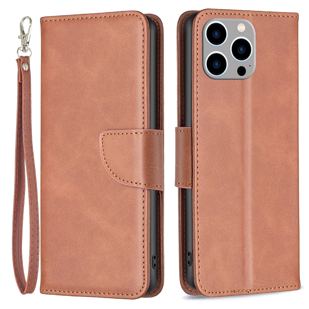 Cell Phone Case for iPhone 15 Pro Max , Stand Phone Shell Solid Color Fine Textured PU Leather Wallet Cover - Brown