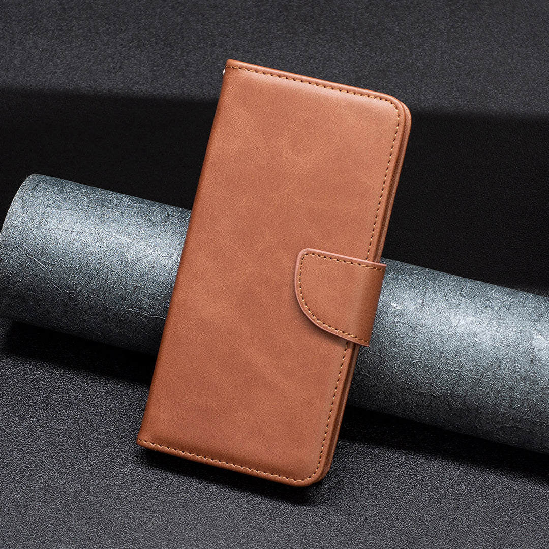 Cell Phone Case for iPhone 15 Pro Max , Stand Phone Shell Solid Color Fine Textured PU Leather Wallet Cover - Brown