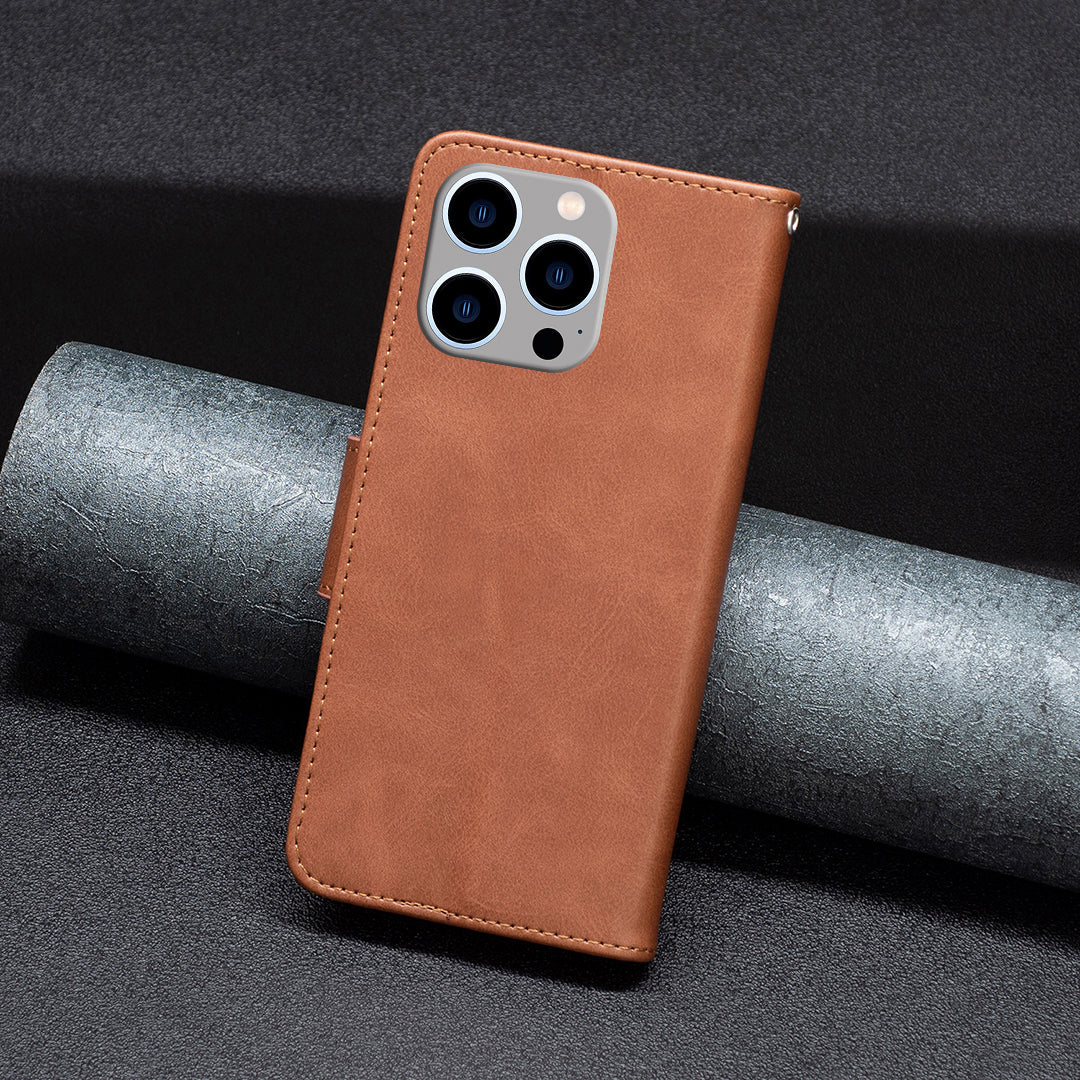 Cell Phone Case for iPhone 15 Pro Max , Stand Phone Shell Solid Color Fine Textured PU Leather Wallet Cover - Brown