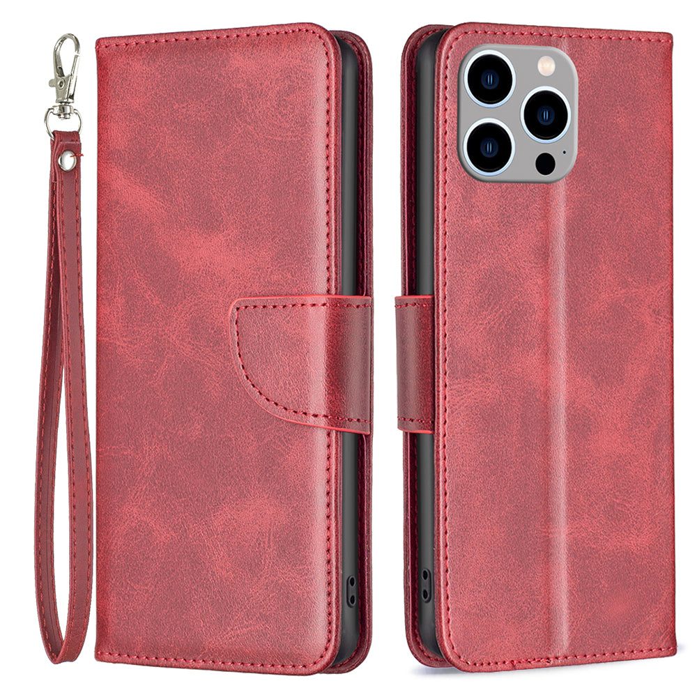 Cell Phone Case for iPhone 15 Pro Max , Stand Phone Shell Solid Color Fine Textured PU Leather Wallet Cover - Red