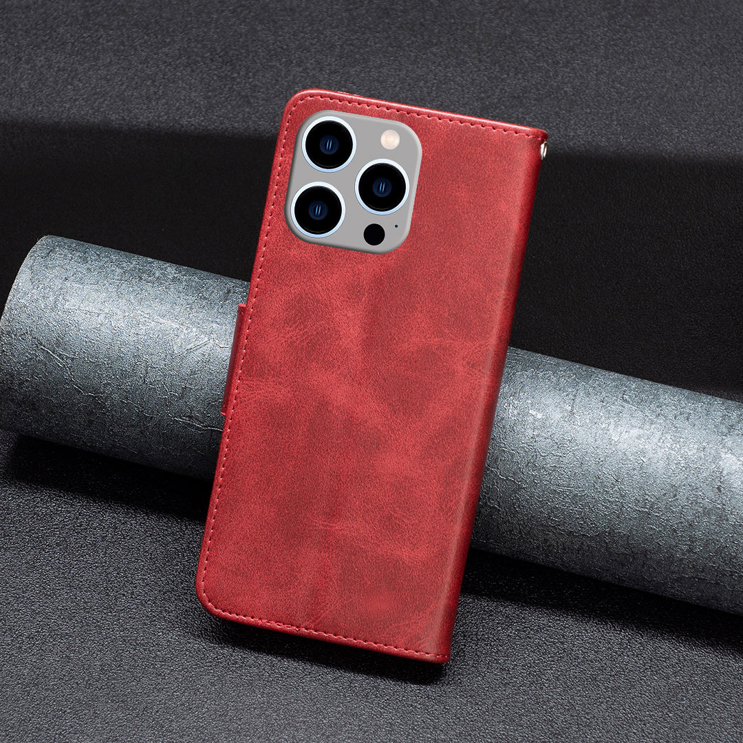 Cell Phone Case for iPhone 15 Pro Max , Stand Phone Shell Solid Color Fine Textured PU Leather Wallet Cover - Red