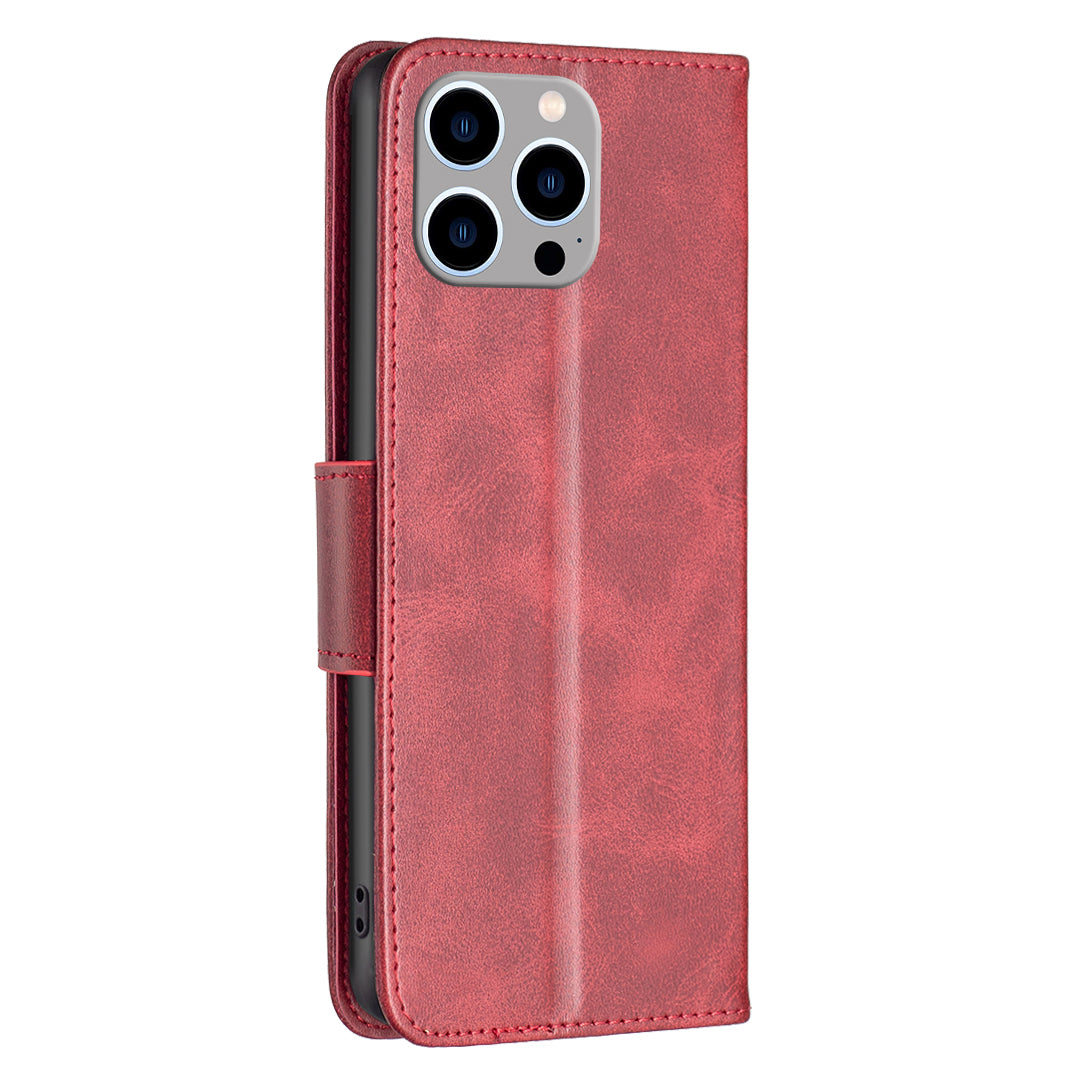 Cell Phone Case for iPhone 15 Pro Max , Stand Phone Shell Solid Color Fine Textured PU Leather Wallet Cover - Red