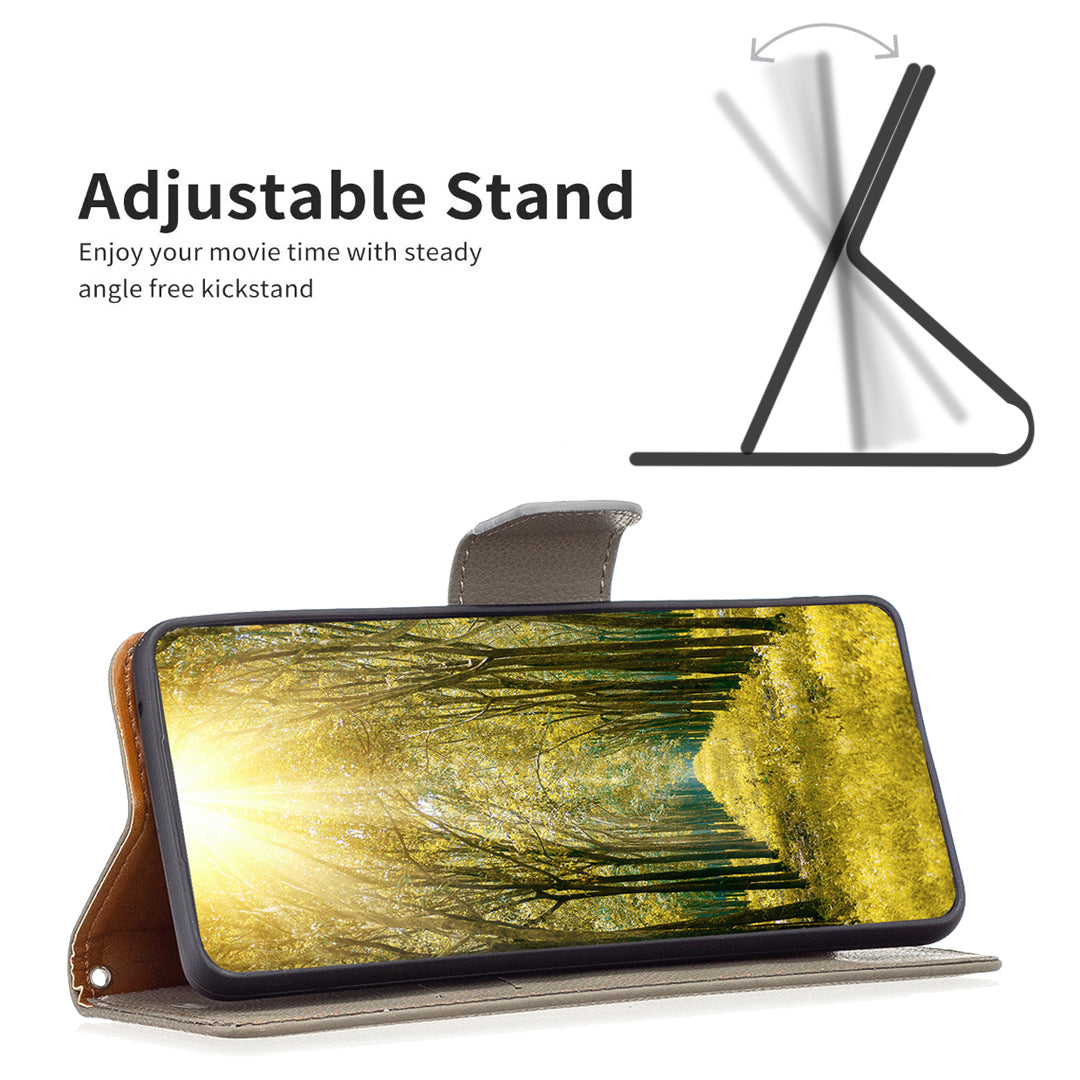 Uniqkart for iPhone 15 Pro Wallet PU Leather Cell Phone Cover Litchi Texture Phone Flip Stand Case with Strap - Grey
