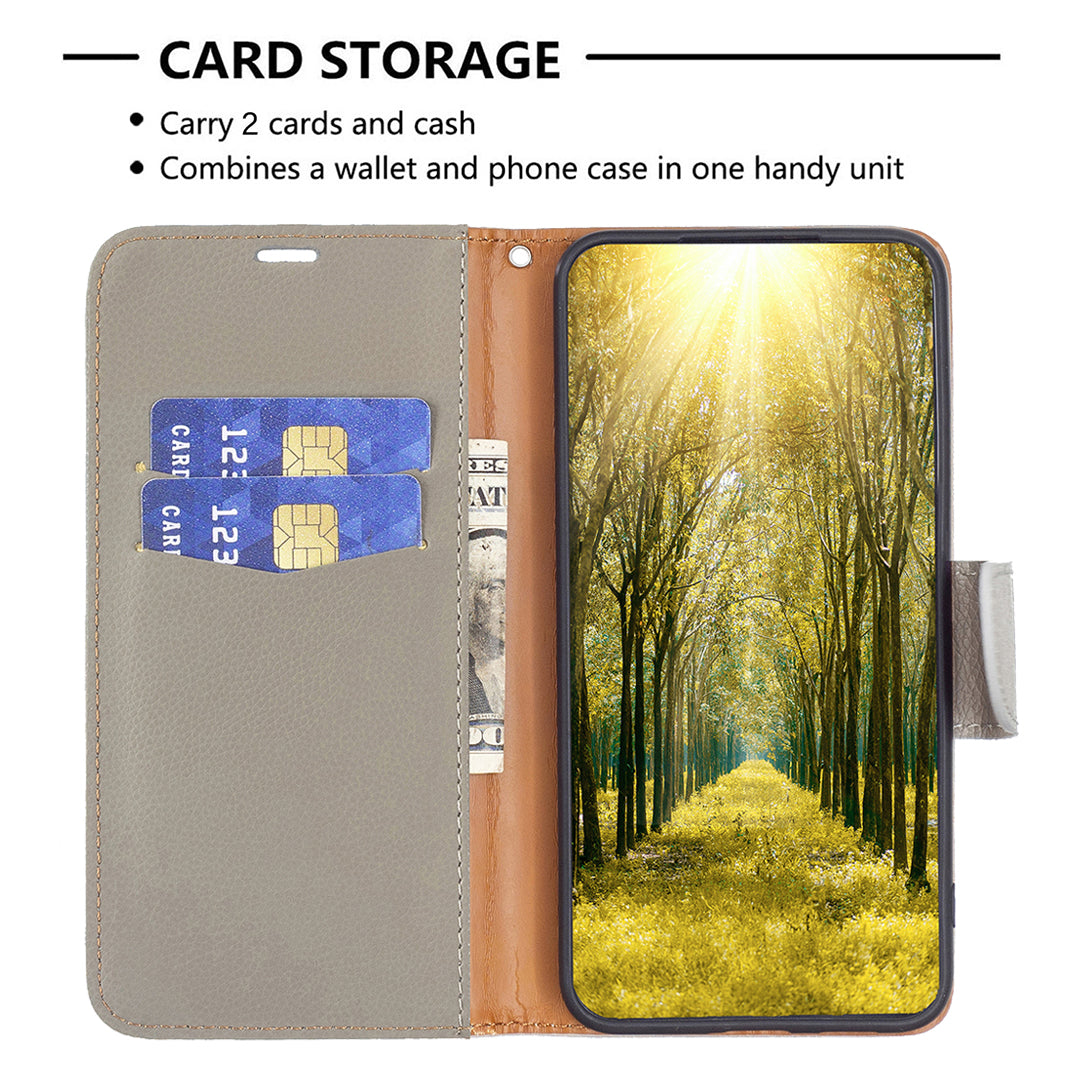Uniqkart for iPhone 15 Pro Wallet PU Leather Cell Phone Cover Litchi Texture Phone Flip Stand Case with Strap - Grey