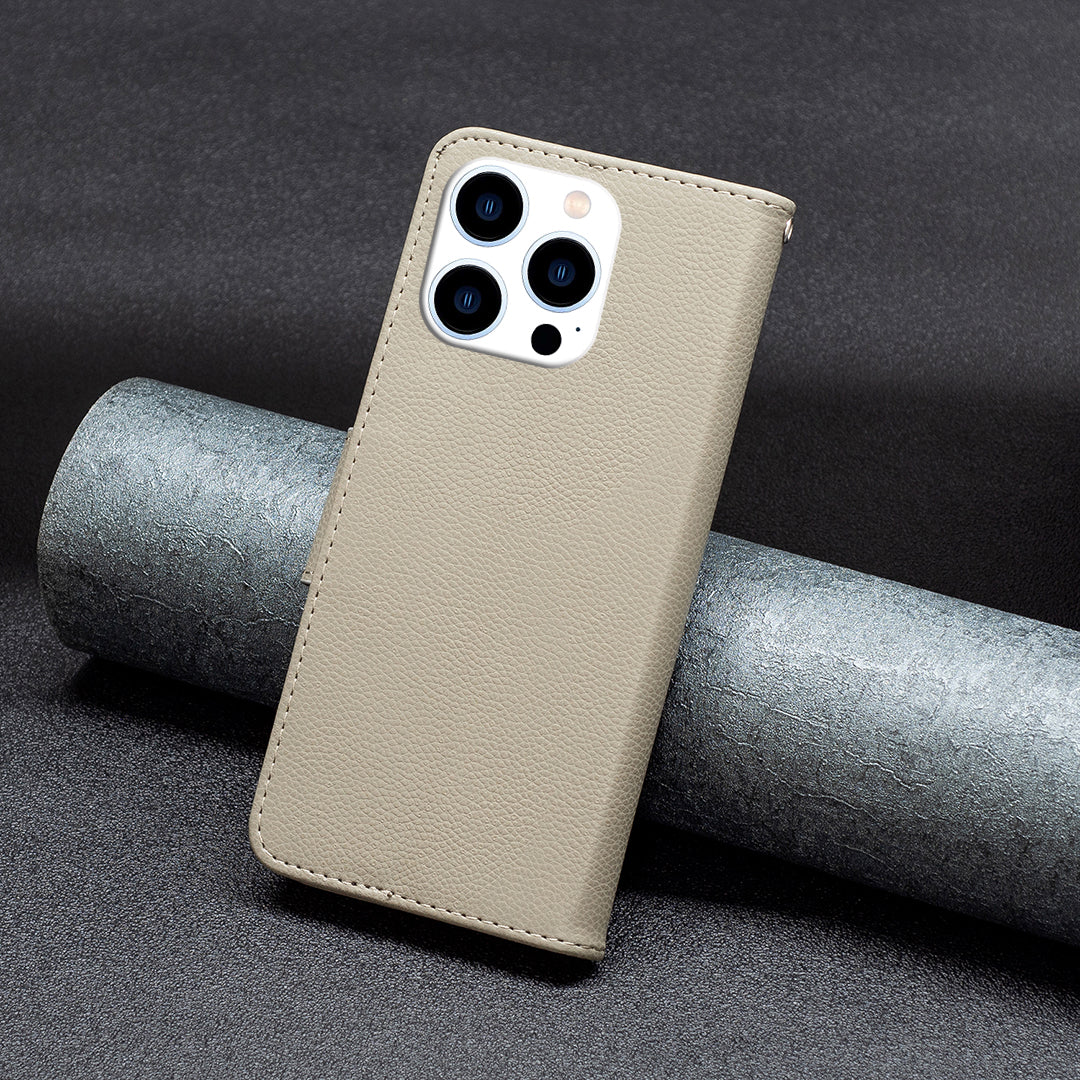 Uniqkart for iPhone 15 Pro Wallet PU Leather Cell Phone Cover Litchi Texture Phone Flip Stand Case with Strap - Grey