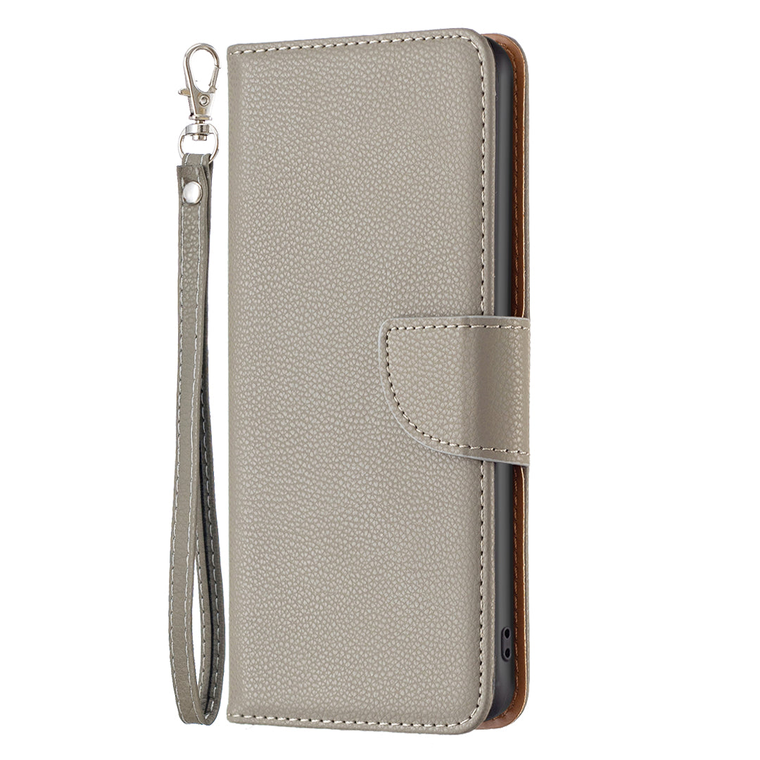 Uniqkart for iPhone 15 Pro Wallet PU Leather Cell Phone Cover Litchi Texture Phone Flip Stand Case with Strap - Grey