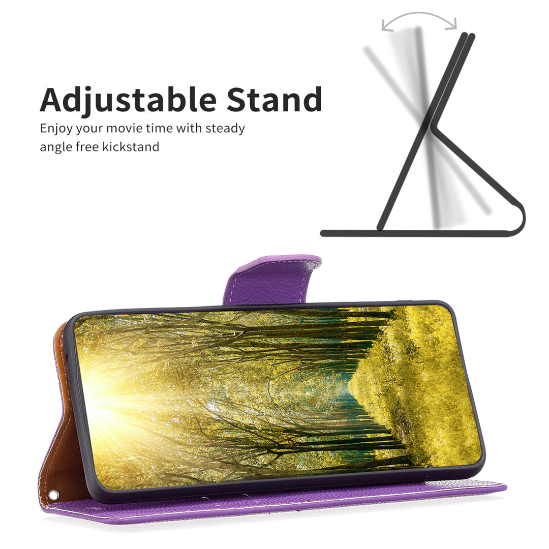 Uniqkart for iPhone 15 Pro Wallet PU Leather Cell Phone Cover Litchi Texture Phone Flip Stand Case with Strap - Purple