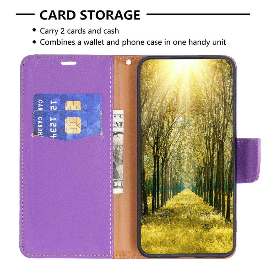 Uniqkart for iPhone 15 Pro Wallet PU Leather Cell Phone Cover Litchi Texture Phone Flip Stand Case with Strap - Purple