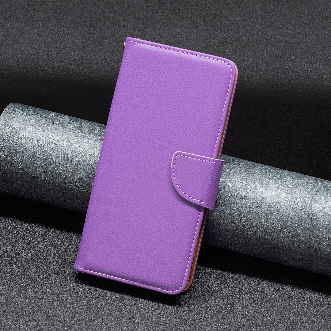 Uniqkart for iPhone 15 Pro Wallet PU Leather Cell Phone Cover Litchi Texture Phone Flip Stand Case with Strap - Purple