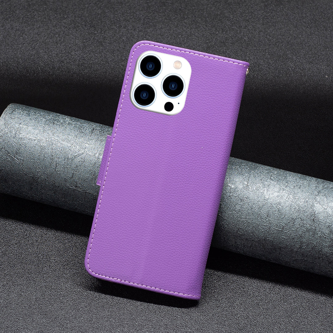 Uniqkart for iPhone 15 Pro Wallet PU Leather Cell Phone Cover Litchi Texture Phone Flip Stand Case with Strap - Purple