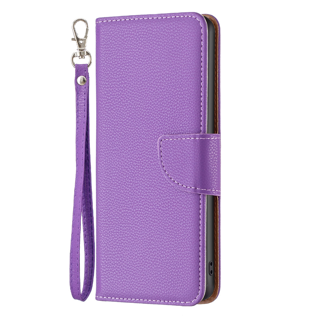 Uniqkart for iPhone 15 Pro Wallet PU Leather Cell Phone Cover Litchi Texture Phone Flip Stand Case with Strap - Purple