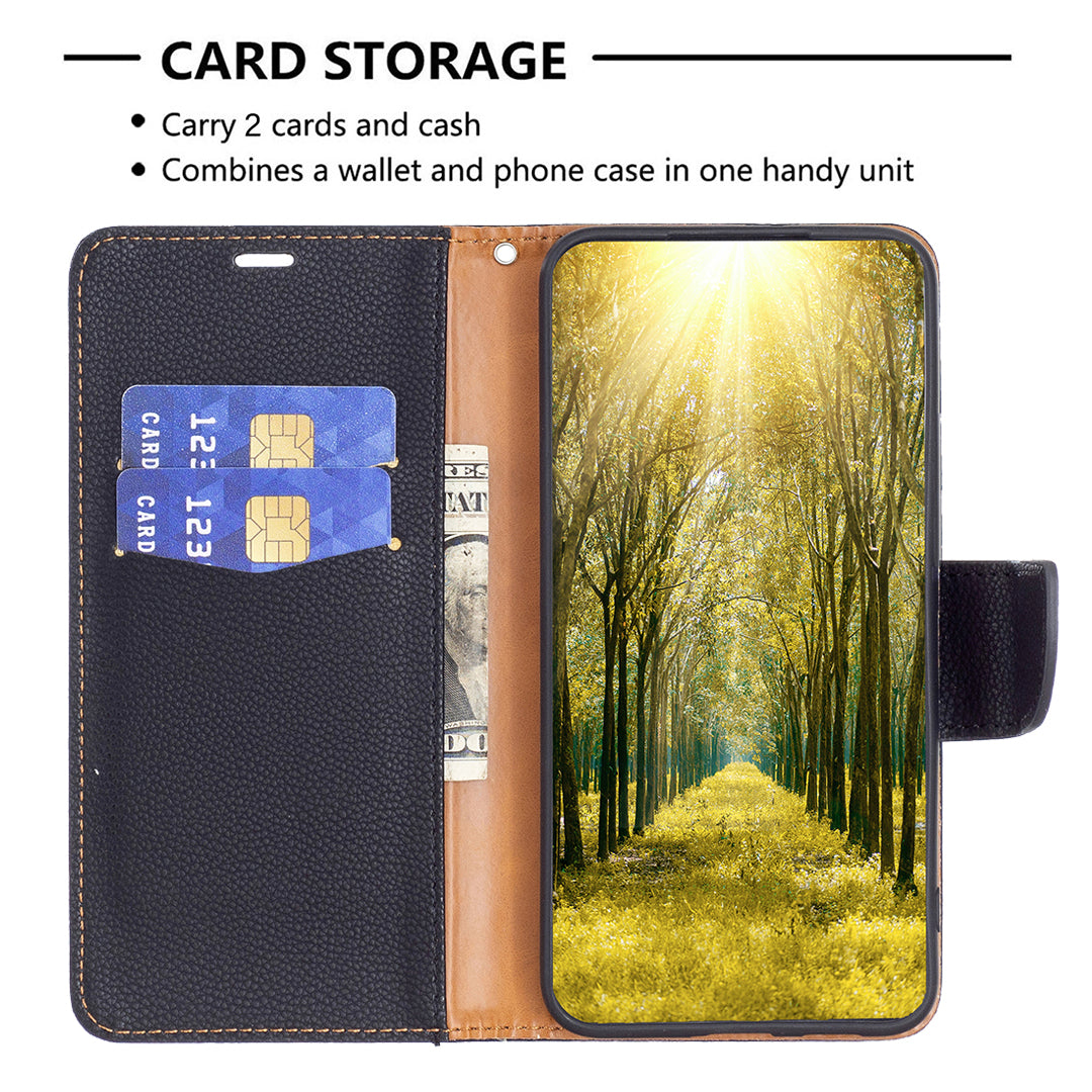 Uniqkart for iPhone 15 Pro Wallet PU Leather Cell Phone Cover Litchi Texture Phone Flip Stand Case with Strap - Black