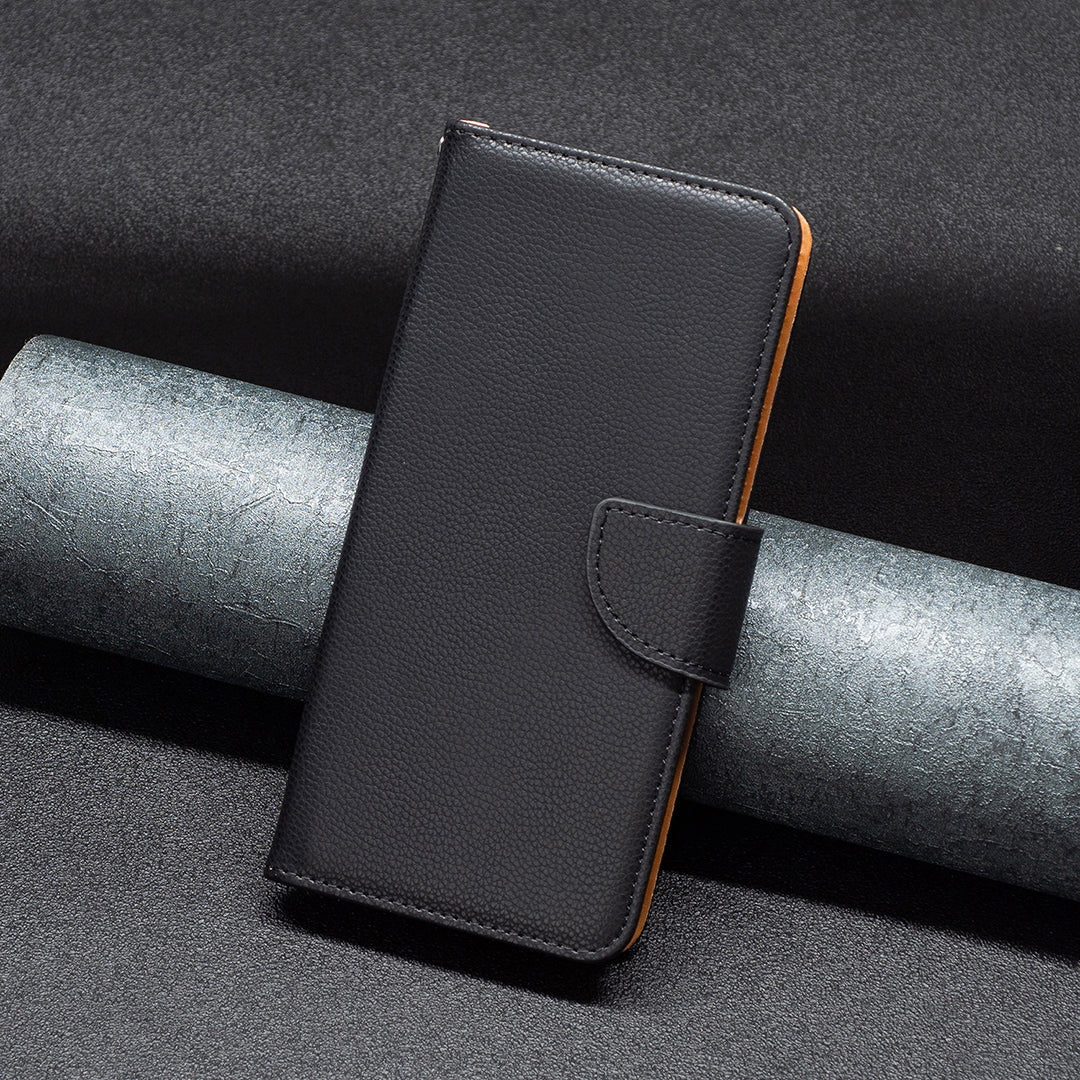 Uniqkart for iPhone 15 Pro Wallet PU Leather Cell Phone Cover Litchi Texture Phone Flip Stand Case with Strap - Black