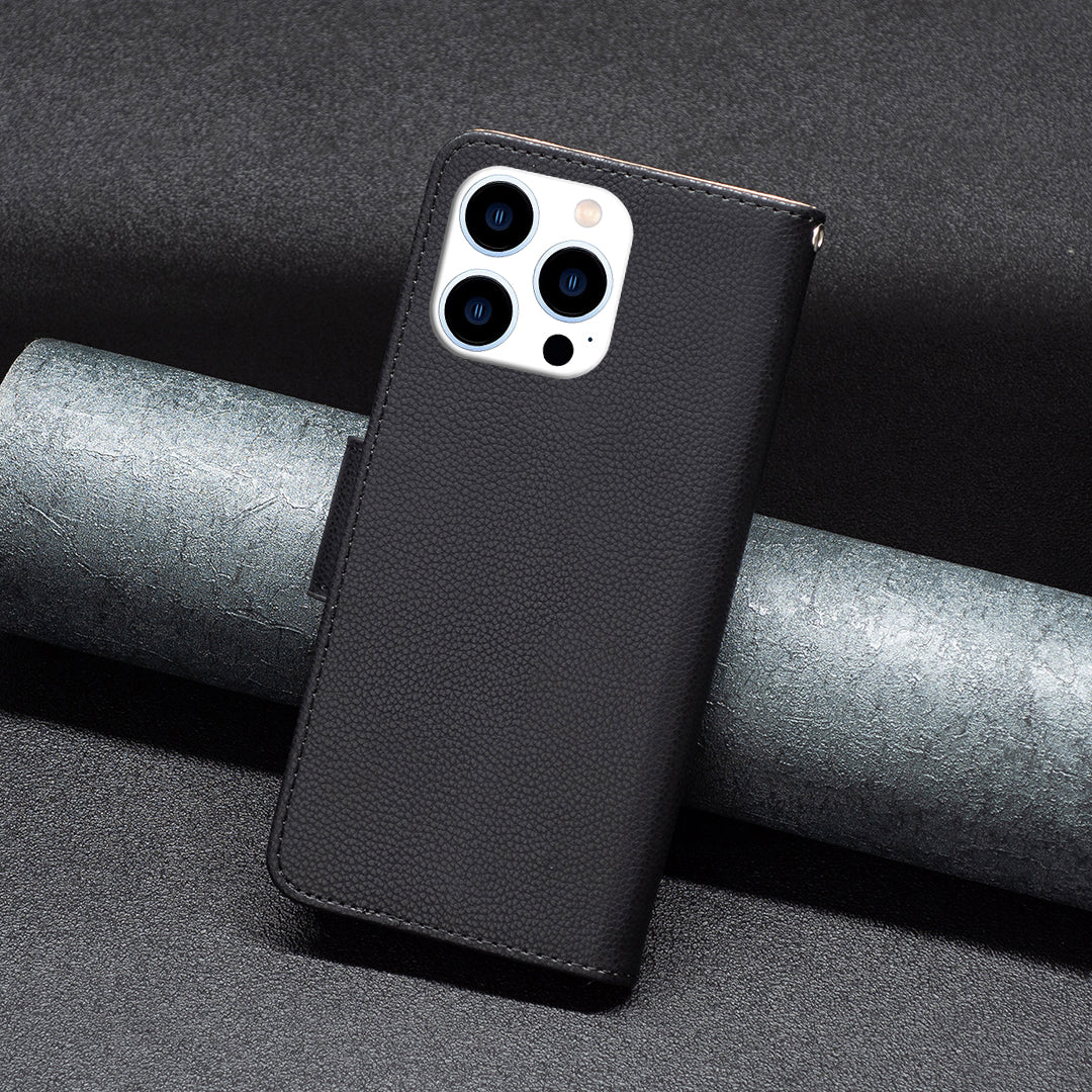Uniqkart for iPhone 15 Pro Wallet PU Leather Cell Phone Cover Litchi Texture Phone Flip Stand Case with Strap - Black