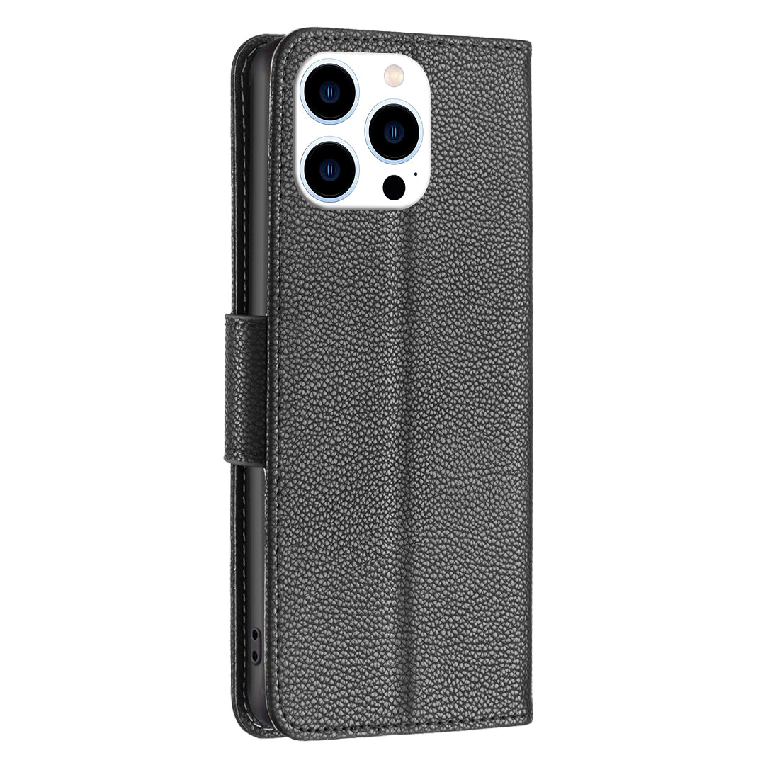 Uniqkart for iPhone 15 Pro Wallet PU Leather Cell Phone Cover Litchi Texture Phone Flip Stand Case with Strap - Black