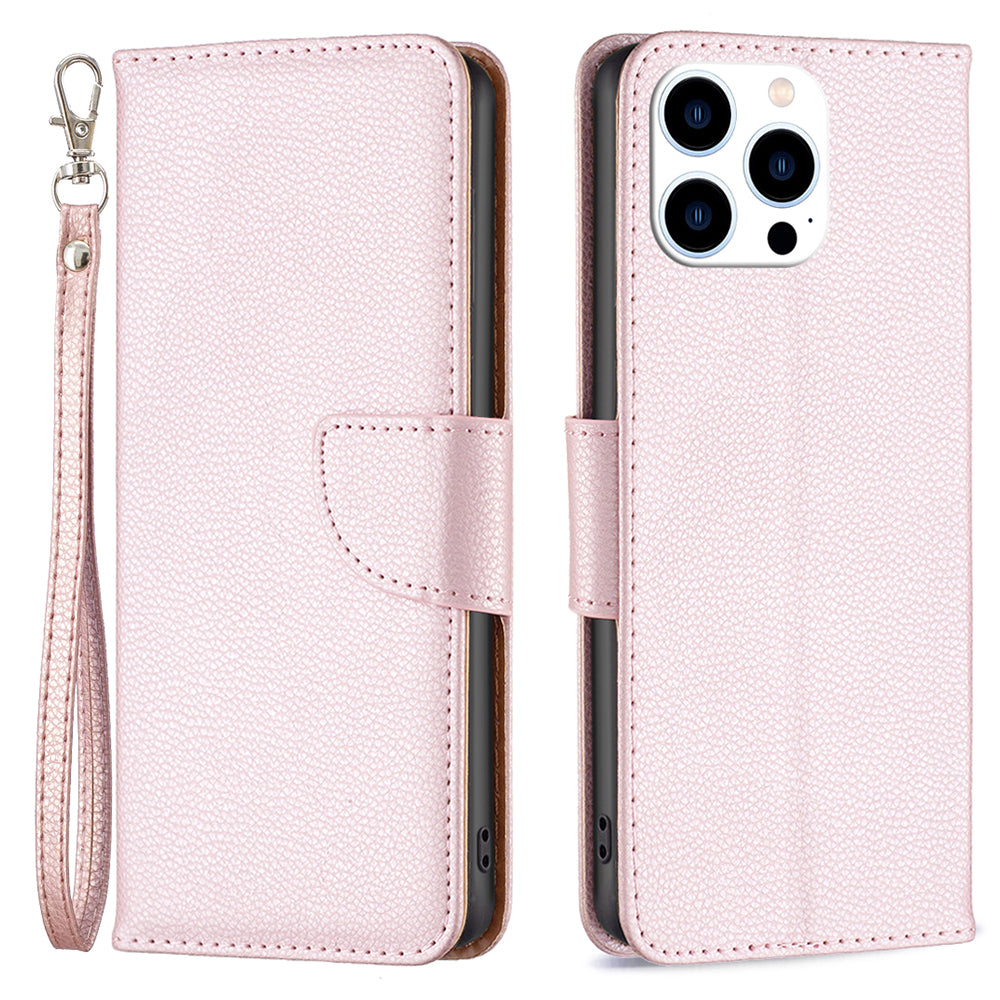 Uniqkart for iPhone 15 Pro Wallet PU Leather Cell Phone Cover Litchi Texture Phone Flip Stand Case with Strap - Rose Gold