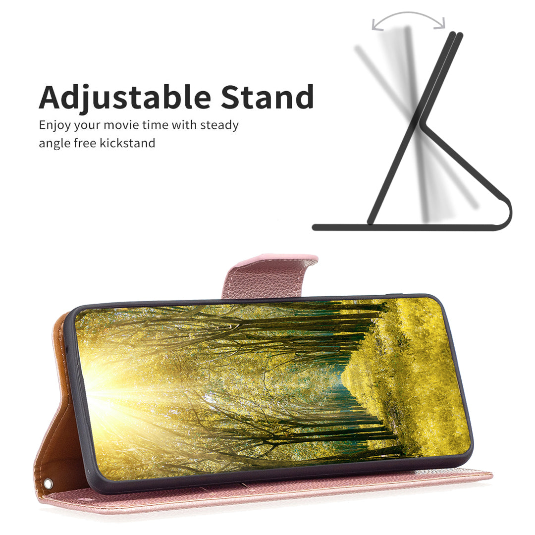 Uniqkart for iPhone 15 Pro Wallet PU Leather Cell Phone Cover Litchi Texture Phone Flip Stand Case with Strap - Rose Gold
