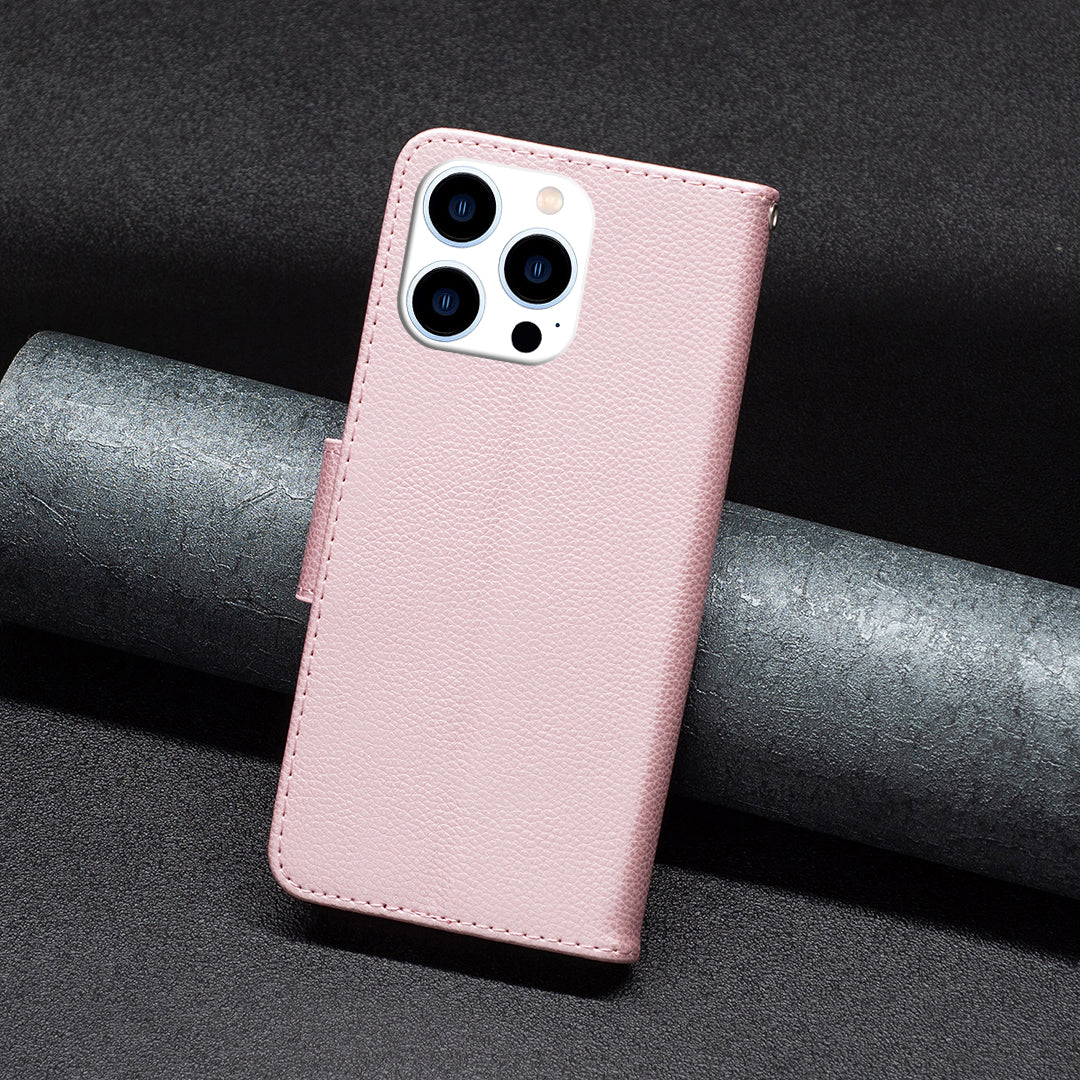 Uniqkart for iPhone 15 Pro Wallet PU Leather Cell Phone Cover Litchi Texture Phone Flip Stand Case with Strap - Rose Gold