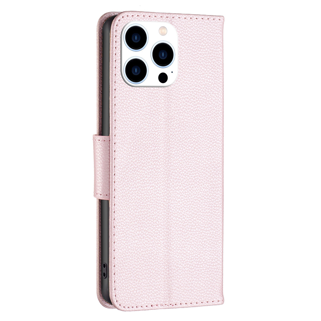 Uniqkart for iPhone 15 Pro Wallet PU Leather Cell Phone Cover Litchi Texture Phone Flip Stand Case with Strap - Rose Gold