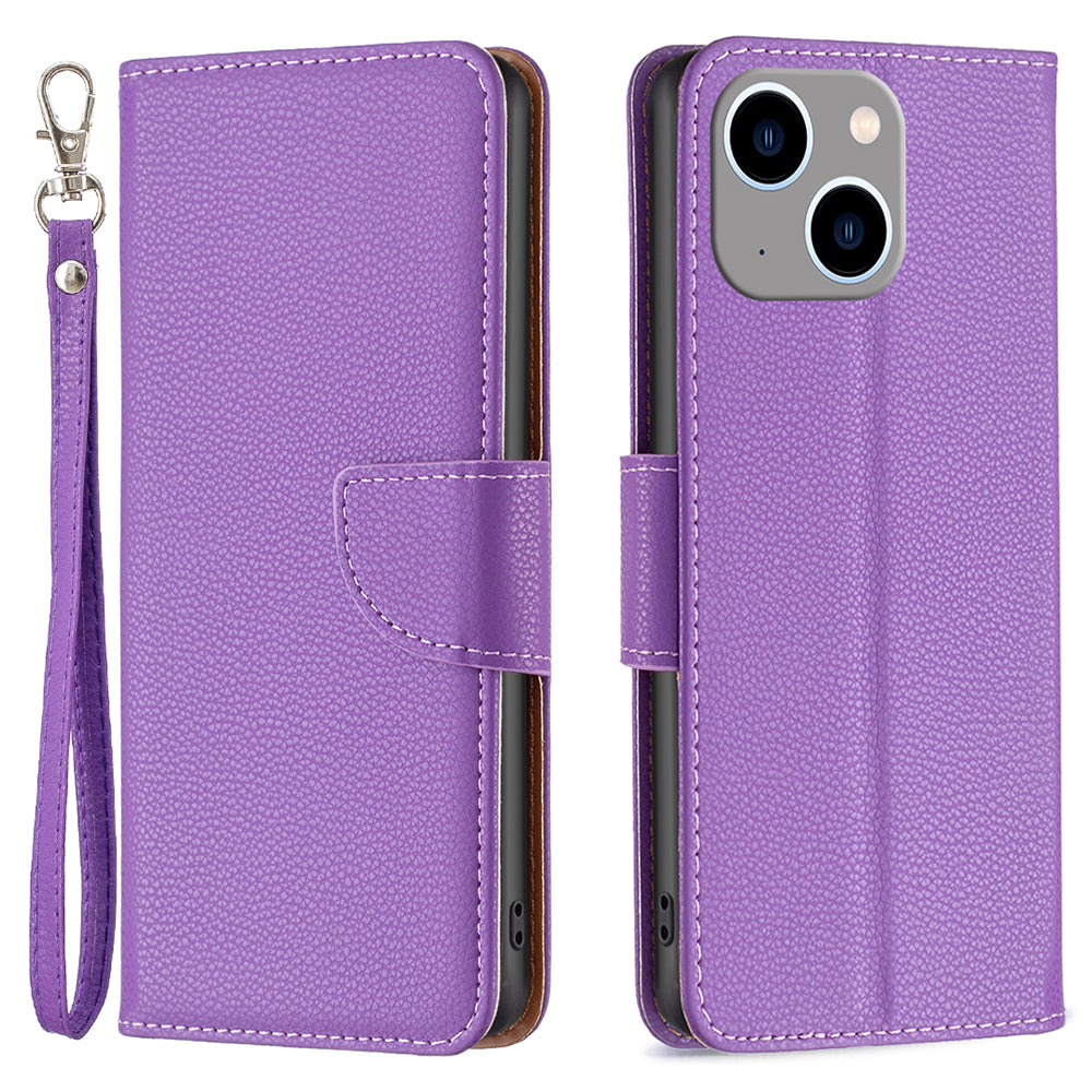 Uniqkart for iPhone 15 Plus Dustproof PU Leather Cell Phone Cover Wallet Litchi Texture Flip Stand Case with Strap - Purple