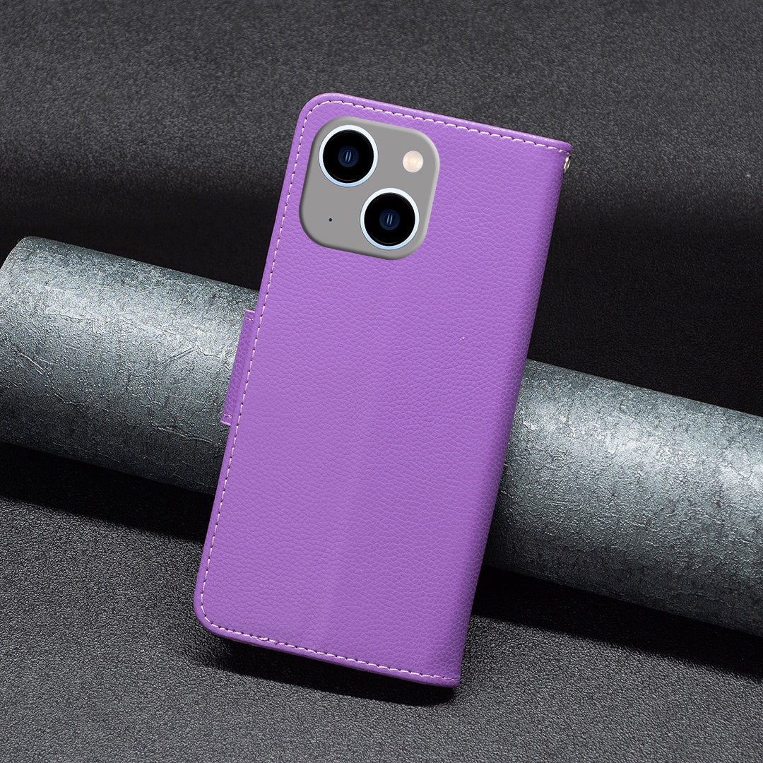 Uniqkart for iPhone 15 Plus Dustproof PU Leather Cell Phone Cover Wallet Litchi Texture Flip Stand Case with Strap - Purple
