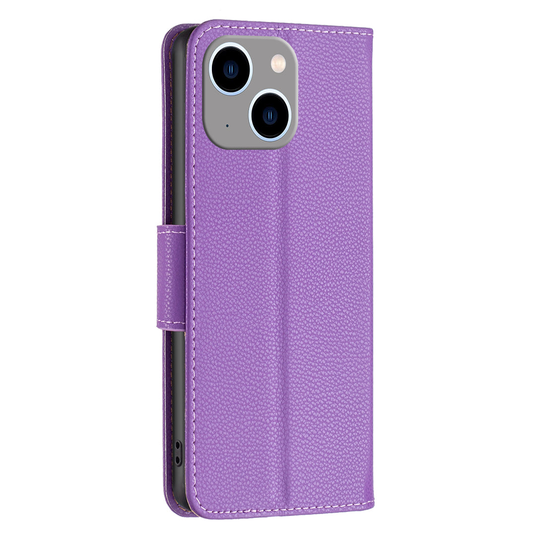 Uniqkart for iPhone 15 Plus Dustproof PU Leather Cell Phone Cover Wallet Litchi Texture Flip Stand Case with Strap - Purple